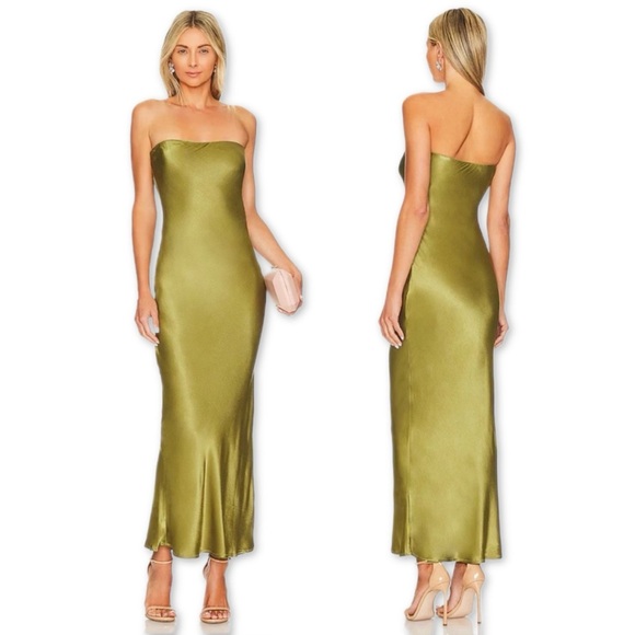 SNDYS. Dresses & Skirts - SNDYS x REVOLVE Angel Strapless Metallic Olive Green Satin Maxi Dress Rayon